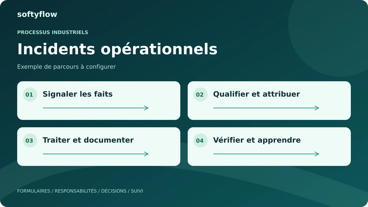 Incidents opérationnels : signaler les faits, qualifier et attribuer, traiter et documenter, vérifier et apprendre. Schéma illustratif.
