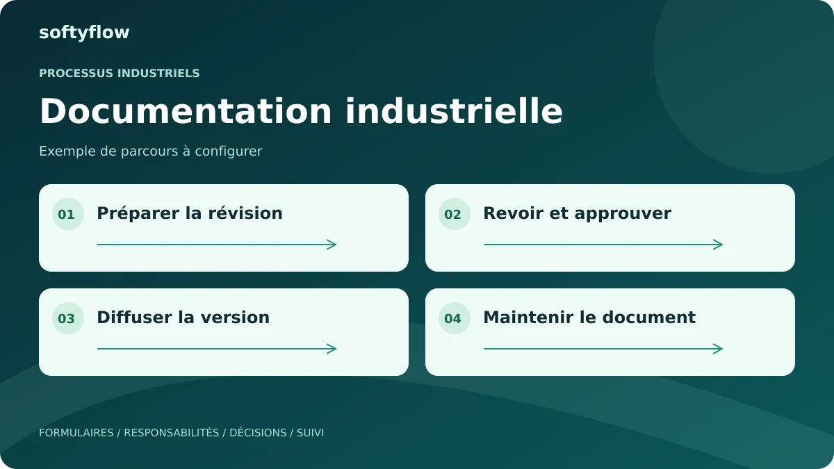 Documentation industrielle : préparer la révision, revoir et approuver, diffuser la version, maintenir le document. Schéma illustratif.