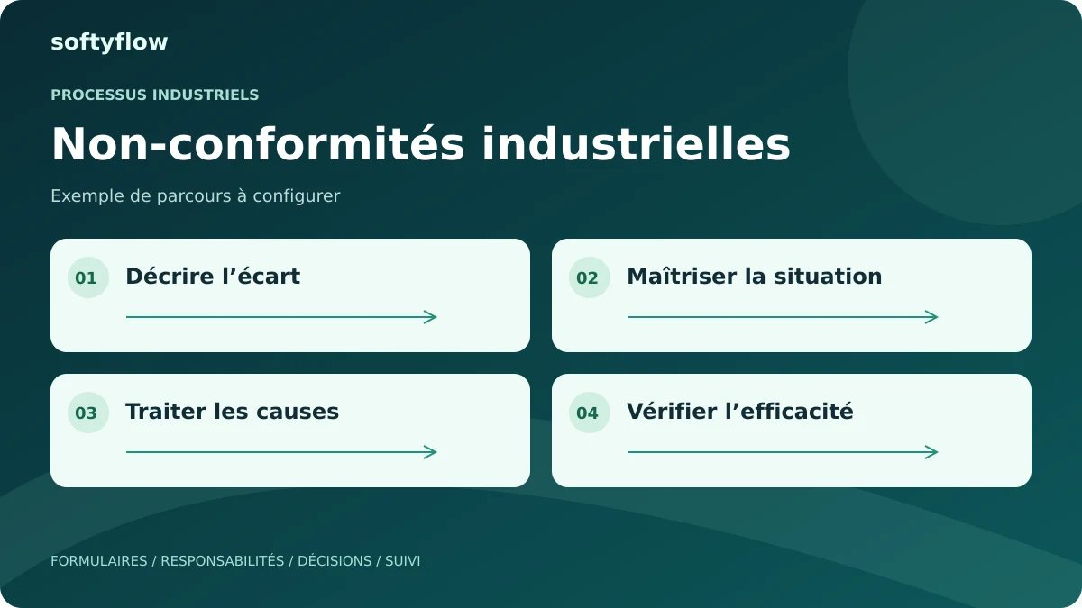 Non-conformités industrielles : décrire l’écart, maîtriser la situation, traiter les causes, vérifier l’efficacité. Schéma illustratif.