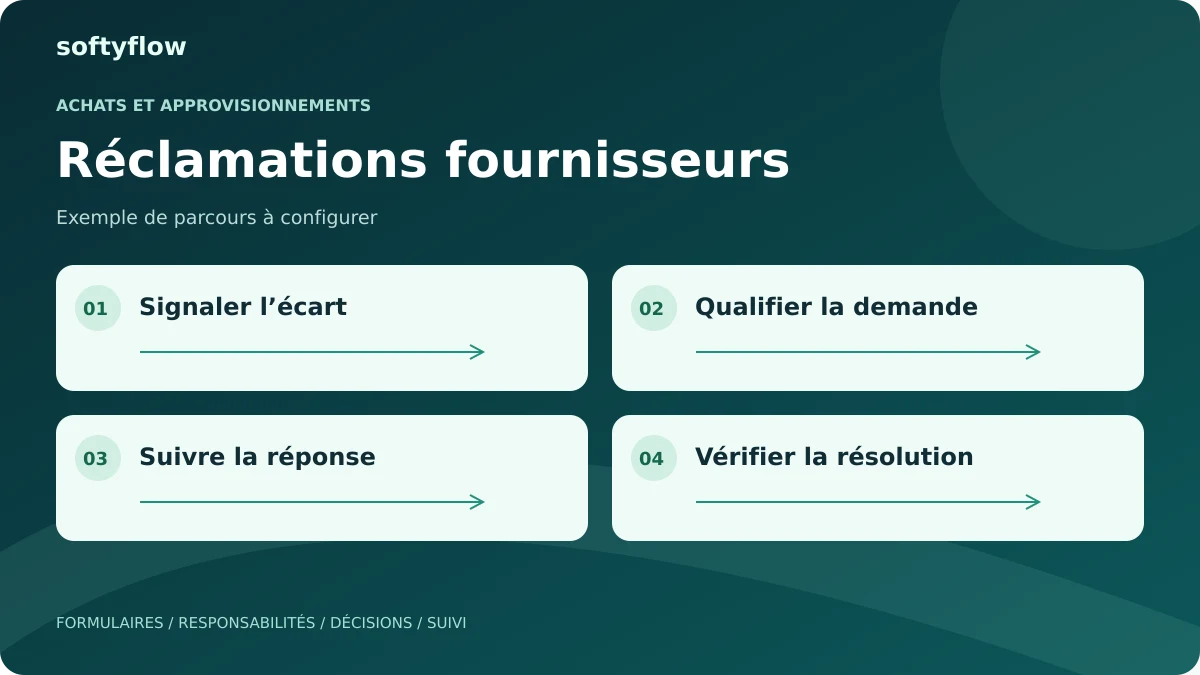 Réclamations fournisseurs : signaler l’écart, qualifier la demande, suivre la réponse, vérifier la résolution. Schéma illustratif.