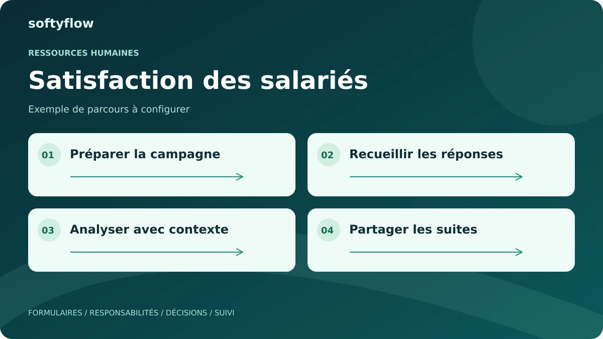 Satisfaction des salariés : préparer la campagne, recueillir les réponses, analyser avec contexte, partager les suites. Schéma illustratif.