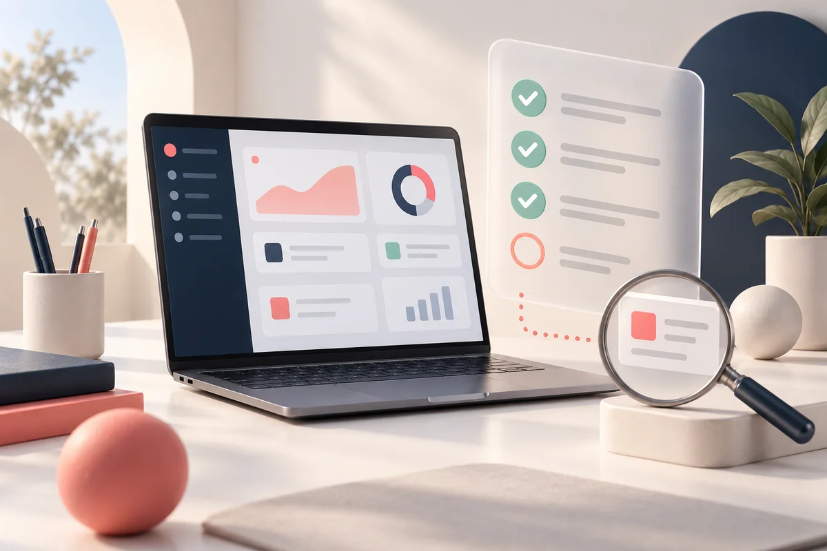 Illustration de recette informatique : une application sur ordinateur, une liste de vérifications et une loupe.