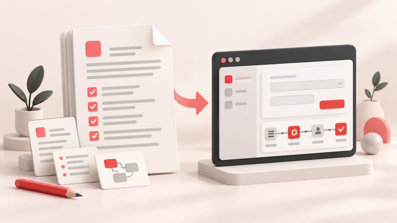 Illustration d’un cahier des charges avec une checklist reliée à une application et son workflow