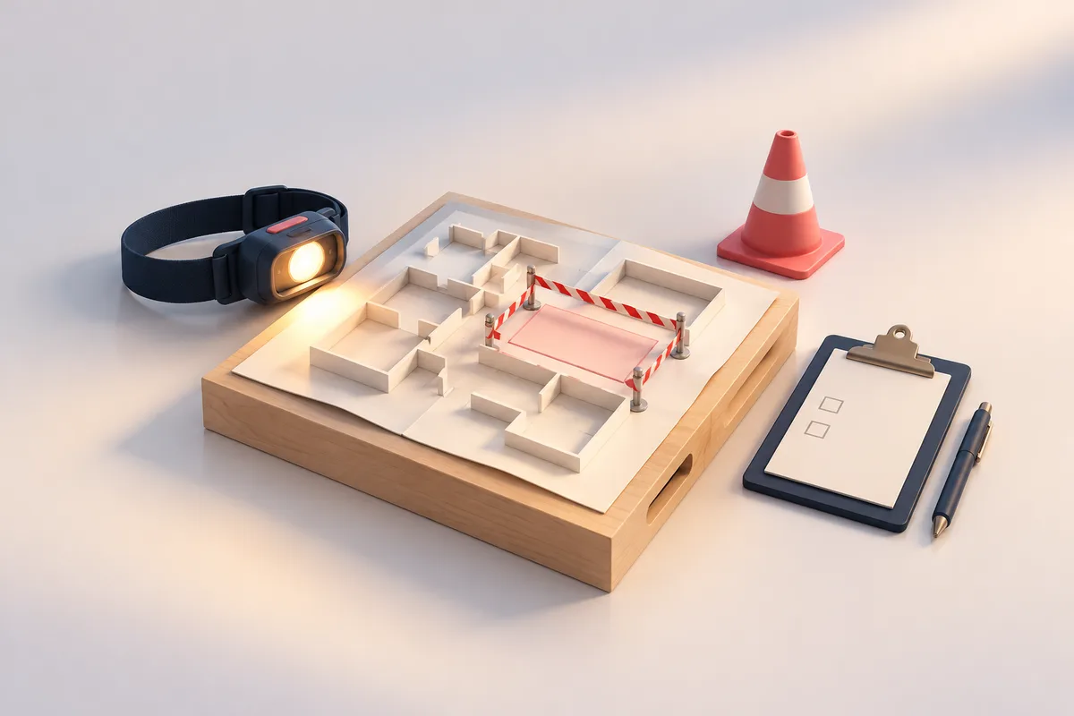 Illustration de l’inspection commune préalable : un plan de site déplié sur une caisse est traversé par une rubalise qui délimite un secteur, avec un cône miniature, une lampe frontale allumée et une planchette à pince.