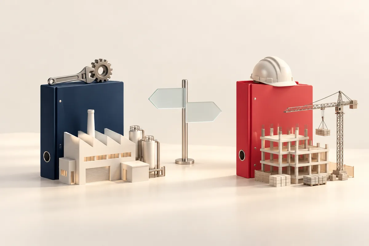 Illustration PPSPS ou plan de prévention : un classeur bleu nuit devant une maquette d’usine et un classeur framboise devant un bâtiment en construction avec sa grue, séparés par un panneau directionnel aux flèches opposées.