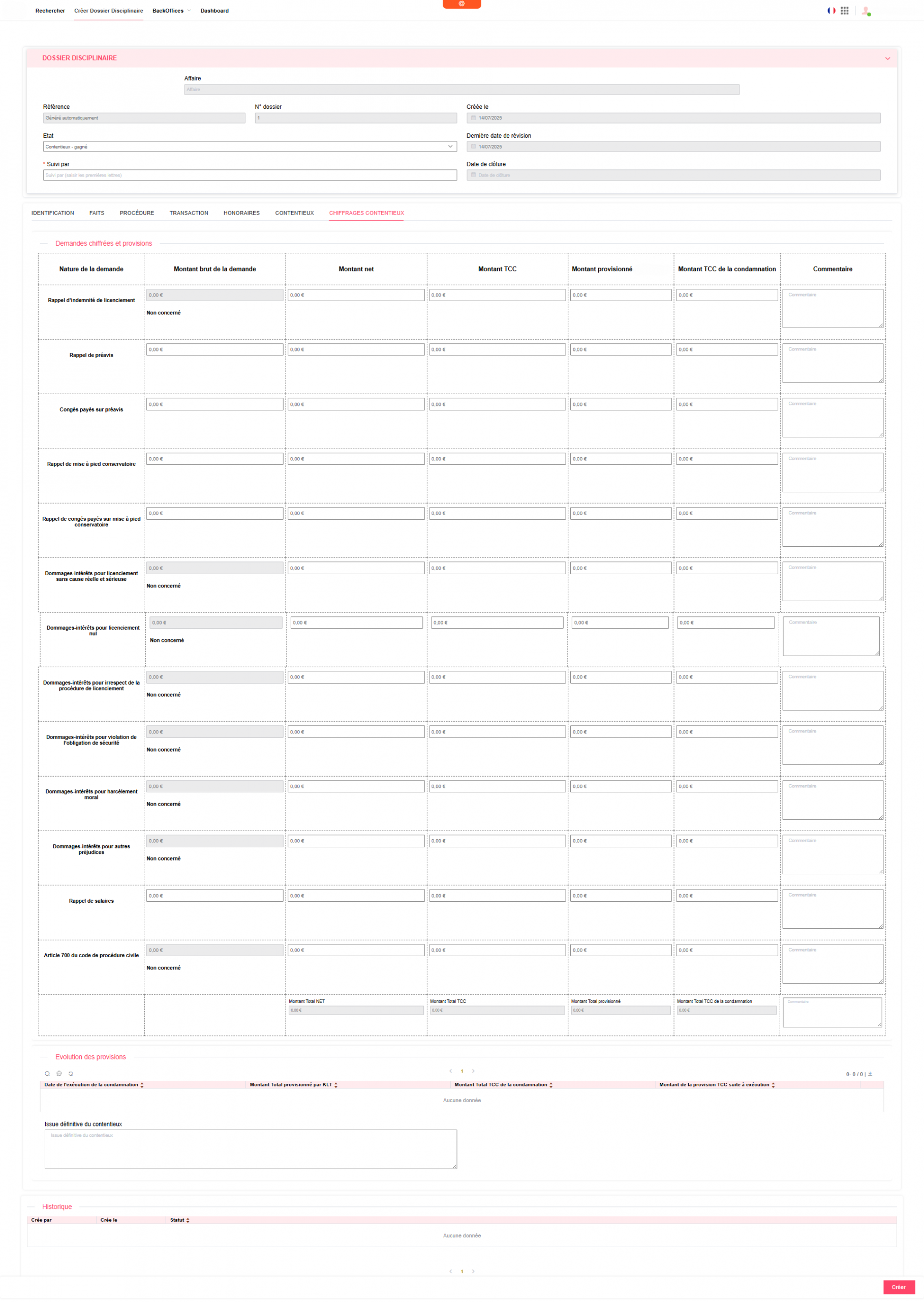 Gestion des contentieux : Chiffrages contentieux