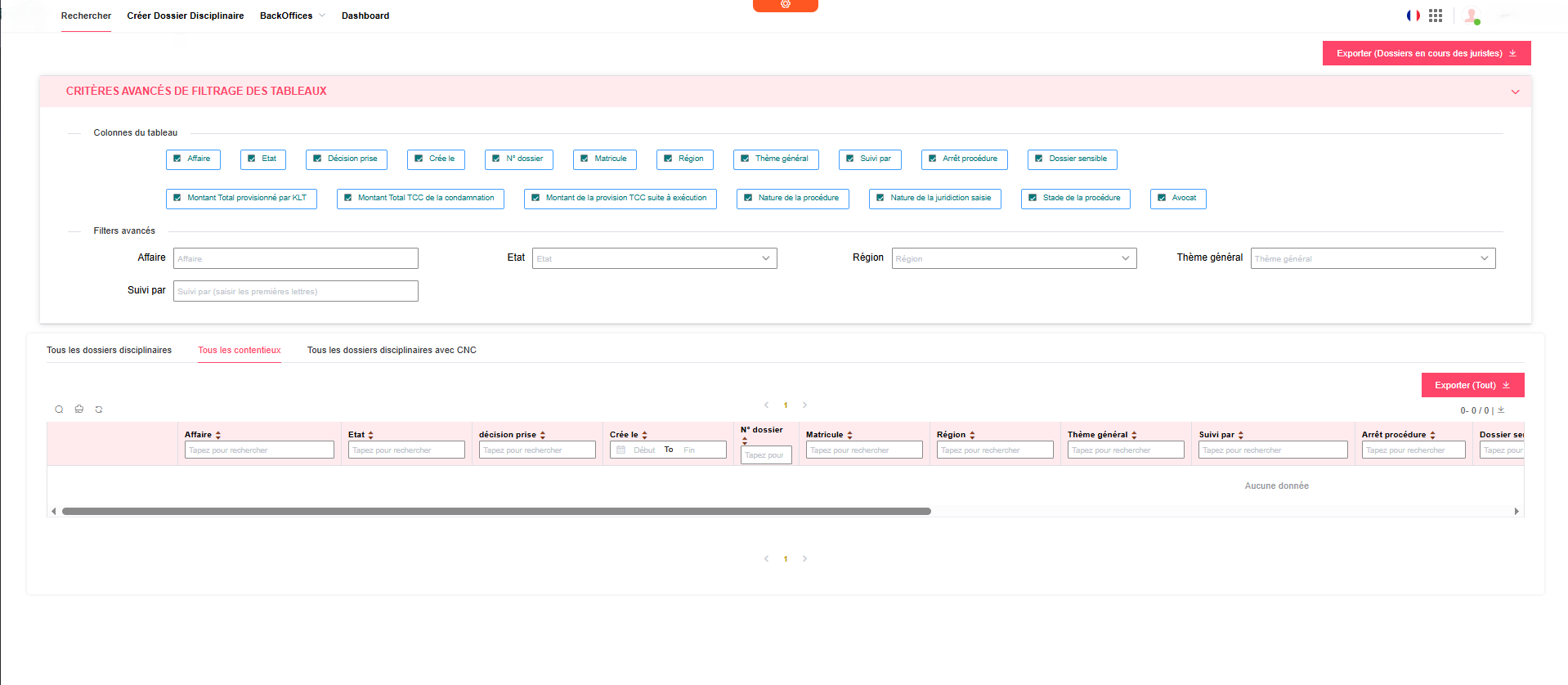 Gestion des contentieux : Recherche et export